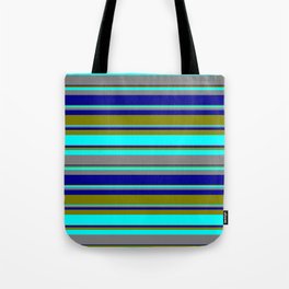 [ Thumbnail: Green, Cyan, Grey, and Dark Blue Colored Striped Pattern Tote Bag ]