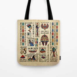 Egyptian hieroglyphs and deities on papyrus Tote Bag