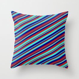 [ Thumbnail: Blue, Red & Turquoise Colored Stripes Pattern Throw Pillow ]