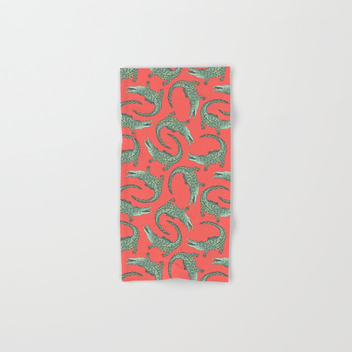 Crocodiles (Deep Coral and Mint Palette) Hand & Bath Towel