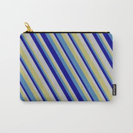 [ Thumbnail: Dark Khaki, Blue, Dark Blue & Grey Colored Lines/Stripes Pattern Carry-All Pouch ]