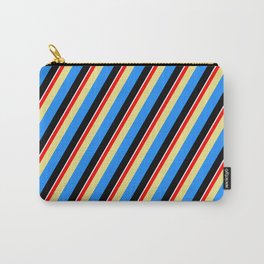 [ Thumbnail: Colorful Red, Tan, Blue, Black & White Colored Lined/Striped Pattern Carry-All Pouch ]