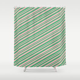 [ Thumbnail: Light Pink & Sea Green Colored Lined Pattern Shower Curtain ]