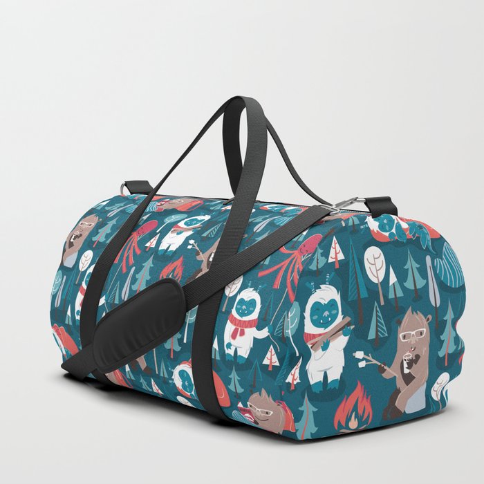 Besties // blue background white Yeti brown Bigfoot blue pine trees red and coral details Duffle Bag