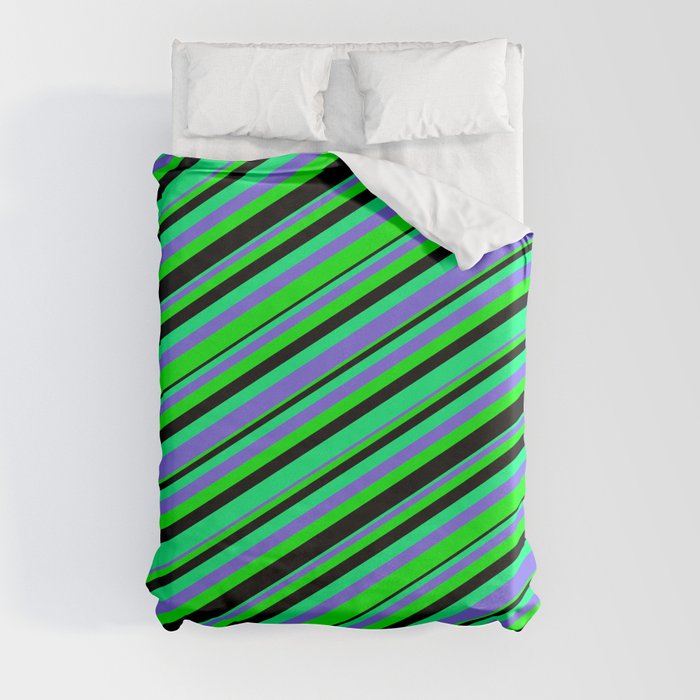 Green, Medium Slate Blue, Lime & Black Colored Stripes/Lines Pattern Duvet Cover