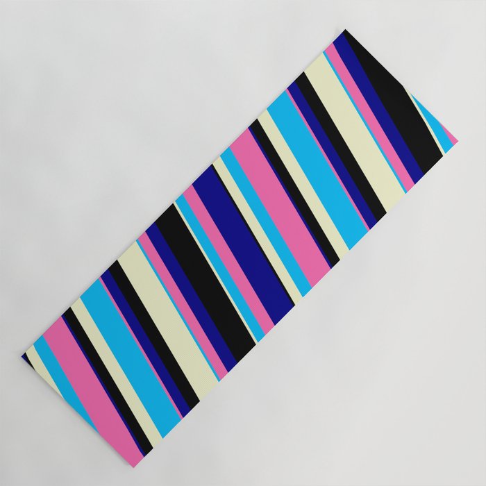 Vibrant Deep Sky Blue, Hot Pink, Dark Blue, Black, and Light Yellow Colored Lines/Stripes Pattern Yoga Mat