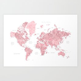 Light pink, muted pink and dusty pink watercolor world map with cities Art Print