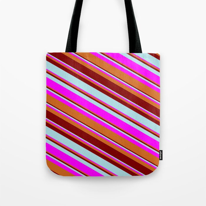 Maroon, Powder Blue, Fuchsia, and Chocolate Colored Pattern of Stripes Tote Bag