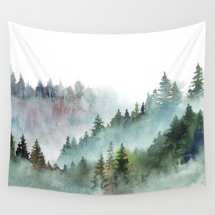 Watercolor Pine Forest Mountains in the Fog Wandbehang | Gemälde, Aquarell, Bäume, Forest, Berge, Fog, Blau, Smokey, Landscape, Mist