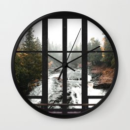 Window to the Waterfall and Forest | Foggy Forest Landscape in Autumn Wall Clock