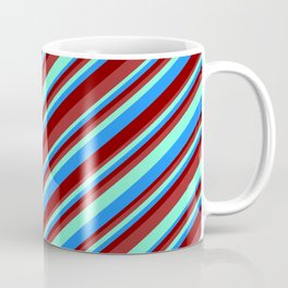 [ Thumbnail: Brown, Aquamarine, Blue, and Maroon Colored Striped/Lined Pattern Coffee Mug ]