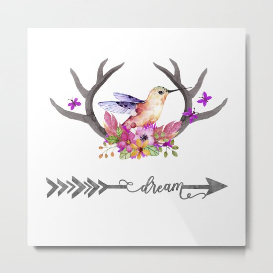 Hummingbird on floral Antlers and Dream arrow Metal Print