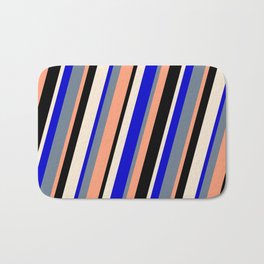 [ Thumbnail: Colorful Blue, Slate Gray, Light Salmon, Black, and Beige Colored Lined/Striped Pattern Bath Mat ]