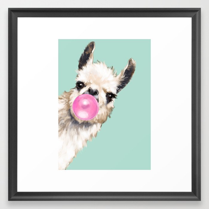 Bubble Gum Sneaky Llama in Green Framed Art Print