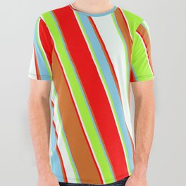[ Thumbnail: Colorful Chocolate, Sky Blue, Light Green, Mint Cream, and Red Colored Lined/Striped Pattern All Over Graphic Tee ]