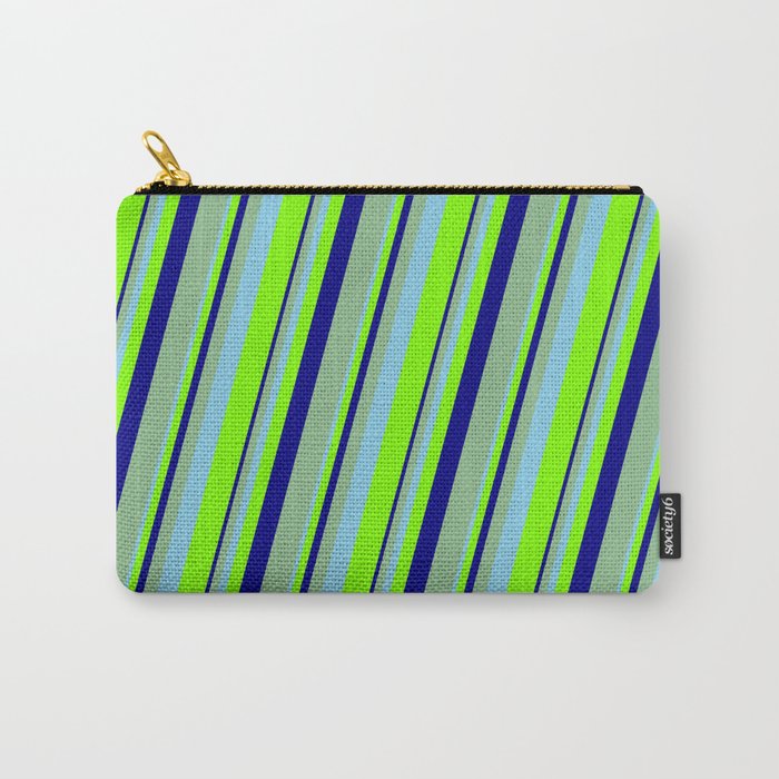 Sky Blue, Chartreuse, Blue & Dark Sea Green Colored Lines Pattern Carry-All Pouch