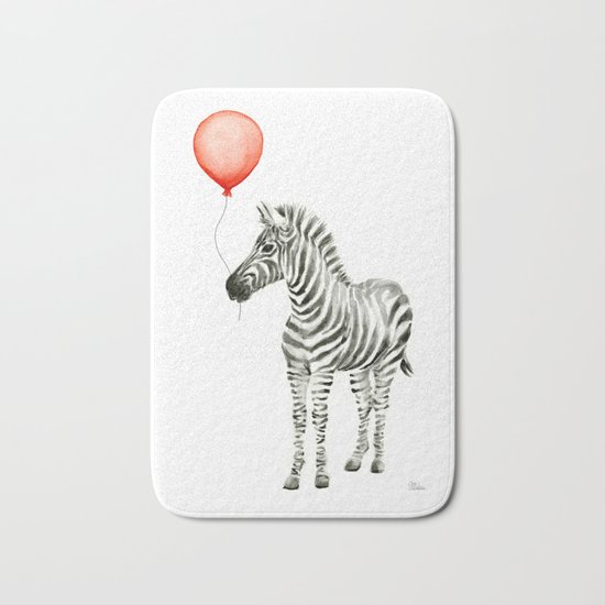 Baby Zebra Whimsical Animal with Red Balloon Nursery Art Bath Mat