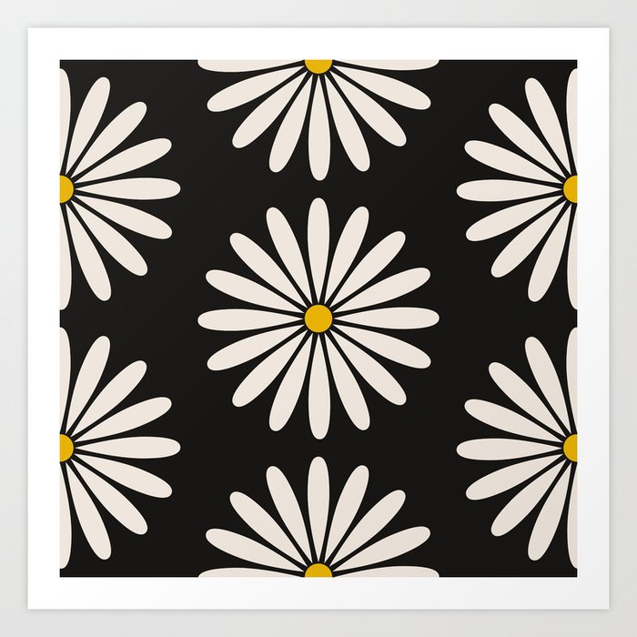 Retro 1960's Big White Daisy Pattern On Black Art Print