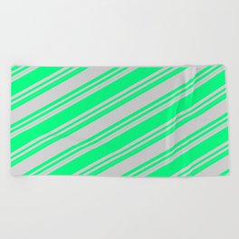[ Thumbnail: Green and Light Gray Colored Striped Pattern Beach Towel ]