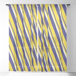[ Thumbnail: Mint Cream, Midnight Blue & Yellow Colored Lines/Stripes Pattern Sheer Curtain ]