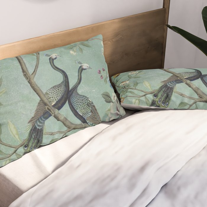 Society6 A Teal of Two Birds Chinoiserie by The Chinoiserie Pavillion on Rectangular Pillow 