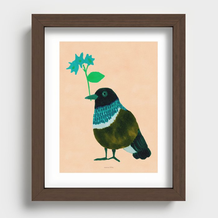 Flower Giving Bird - Green and Pink Recessed Framed Print