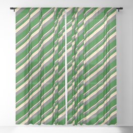 [ Thumbnail: Beige, Dim Gray & Dark Green Colored Lined Pattern Sheer Curtain ]