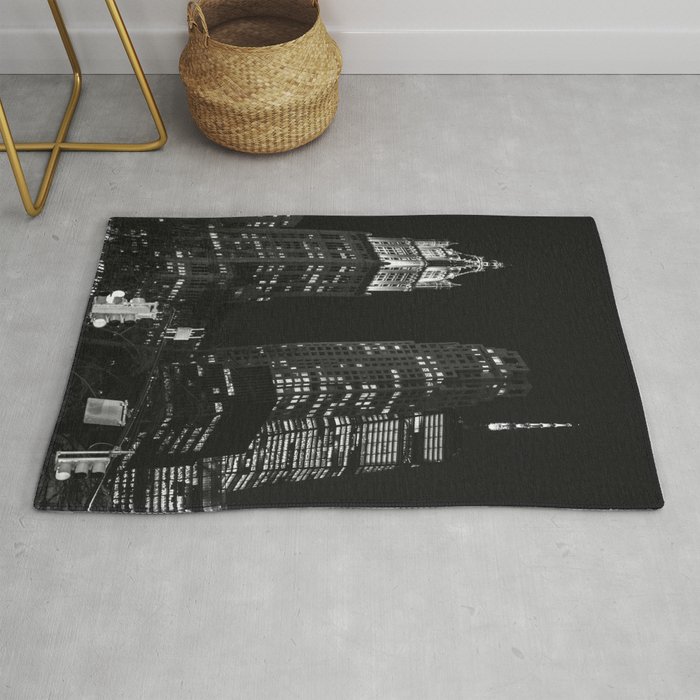 New York City Night Photography | Black and White Skyscrapers Rug