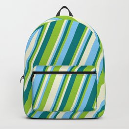 [ Thumbnail: Teal, Green, Beige & Light Sky Blue Colored Stripes/Lines Pattern Backpack ]