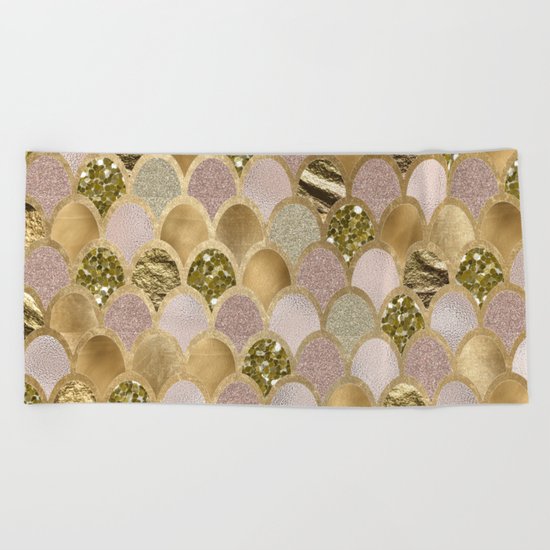 Rose gold glittering mermaid scales Beach Towel