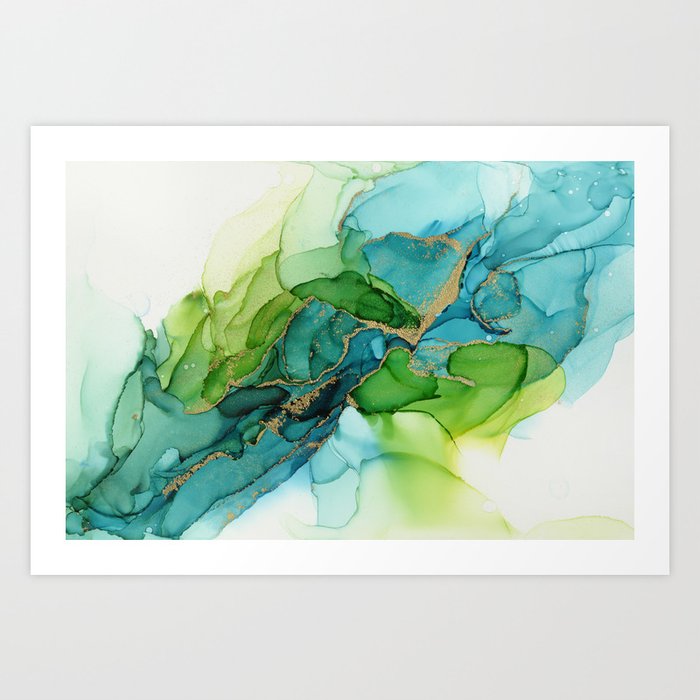 Green Blue Gold Abstract Ink Painting Art Print