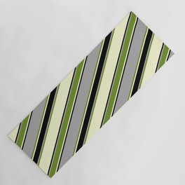 [ Thumbnail: Dark Grey, Green, Light Yellow, and Black Colored Lined Pattern Yoga Mat ]