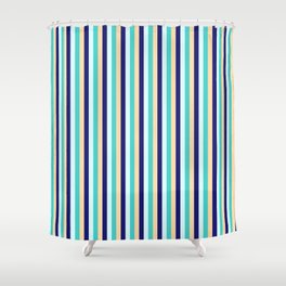 [ Thumbnail: Turquoise, Light Cyan, Midnight Blue, and Tan Colored Stripes/Lines Pattern Shower Curtain ]
