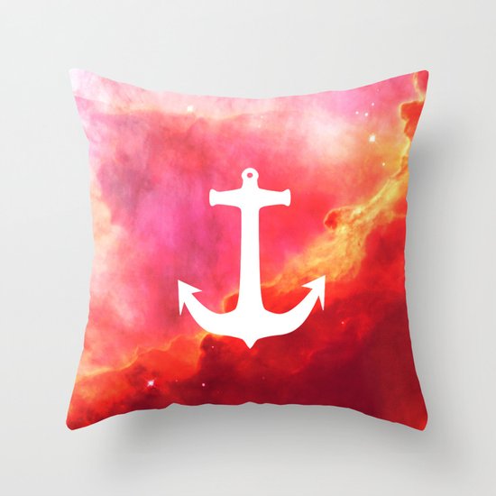 Galaxy Nebula Pink Retro White Nautical Anchor Throw Pillow