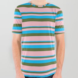 [ Thumbnail: Deep Sky Blue, Dark Olive Green & Pink Colored Lined/Striped Pattern All Over Graphic Tee ]