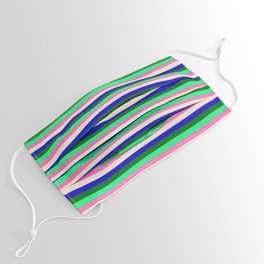 [ Thumbnail: Dark Green, Green, Hot Pink, Beige, and Blue Colored Pattern of Stripes Face Mask ]