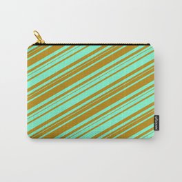 [ Thumbnail: Aquamarine and Dark Goldenrod Colored Lined/Striped Pattern Carry-All Pouch ]