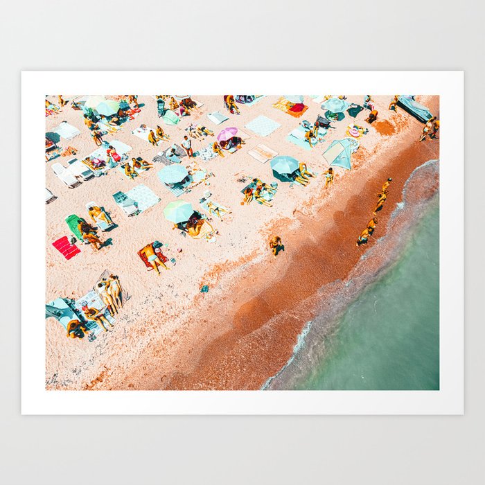 Aerial Pastel Umbrellas Beach Print, Coastal Beach, Beach Umbrellas, Aerial Photography, Ocean Waves Print, Sea Print, Modern Home Decor, Art Print Art Print