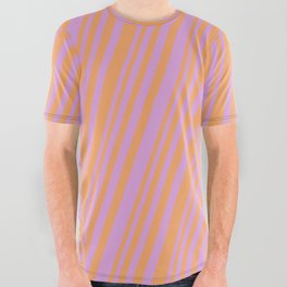 [ Thumbnail: Plum & Brown Colored Stripes/Lines Pattern All Over Graphic Tee ]