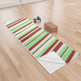 [ Thumbnail: Mint Cream, Red & Green Colored Lined Pattern Yoga Towel ]