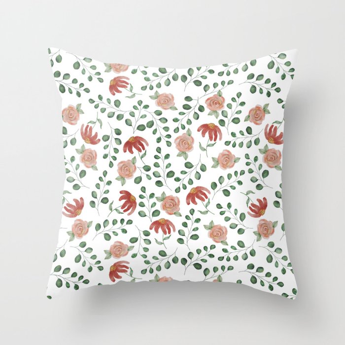 Botanical watercolor Pattern Daises and Roses Throw Pillow
