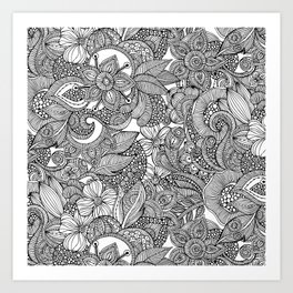 Flowers Doodles - Black and White Art Print