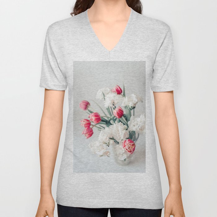 Pink Tulips Art Print, Still Life Home Decor Composition, Spring Flowers Bouquet Art, Pink Flowers Valentines Day, Floral Decoration V Neck T Shirt