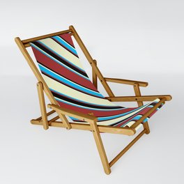 [ Thumbnail: Light Yellow, Deep Sky Blue, Brown & Black Colored Lines/Stripes Pattern Sling Chair ]