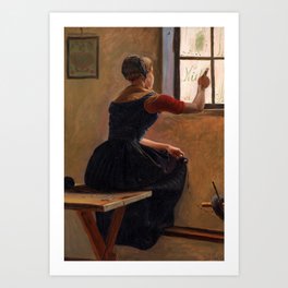 A Young Girl in Jutland Writing her Beloved's Name on a Misty Window, 1852 by Christen Dalsgaard Art Print
