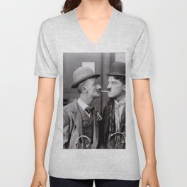 The tramp reluctantly shares a cigarette; vintage Charlie Chaplin funny Hollywood movie portrait black and white photograph - photography - photographs V Neck T Shirt