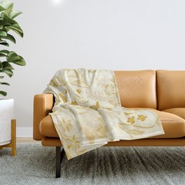 Peony Floral Retro Aesthetic Warm Gold Color Botanical Pattern Throw Blanket