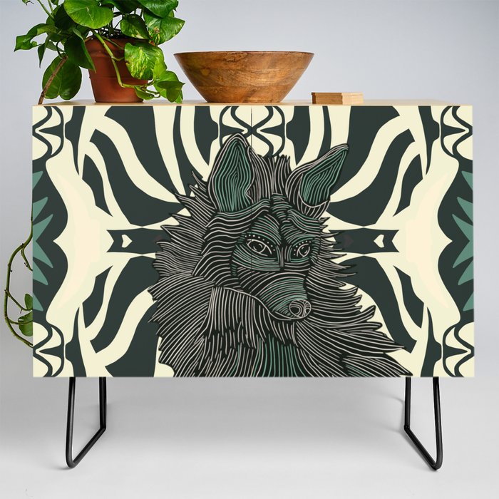 Beautiful decorated fox sitting on a green patterned background Credenza