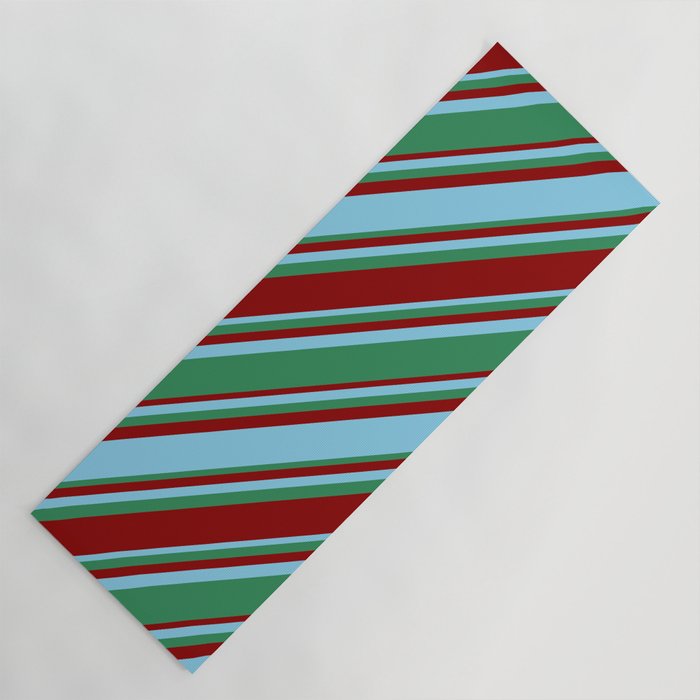 Sky Blue, Sea Green, and Dark Red Colored Lined/Striped Pattern Yoga Mat