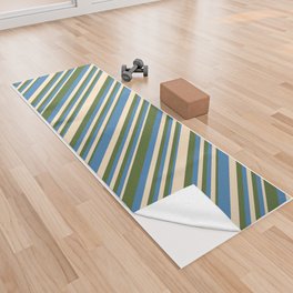 [ Thumbnail: Bisque, Blue, and Dark Olive Green Colored Lines/Stripes Pattern Yoga Towel ]